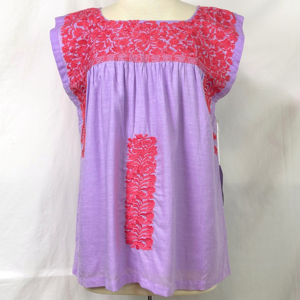 J MARIE NEW Kylie Top Pink Purple Embroidery L Ruffle Sleeve Cotton Linen Preppy